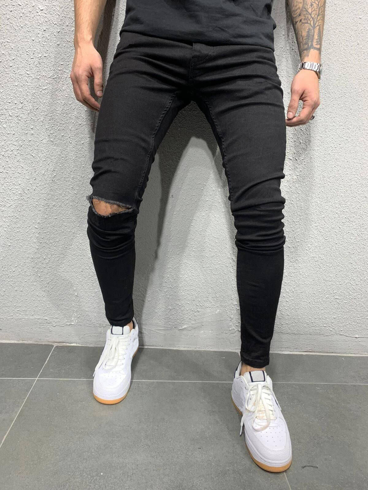 High quality European and American men's elastic tight skinny jeans foreign trade independent station Jin Dian cut rotten men's explosions