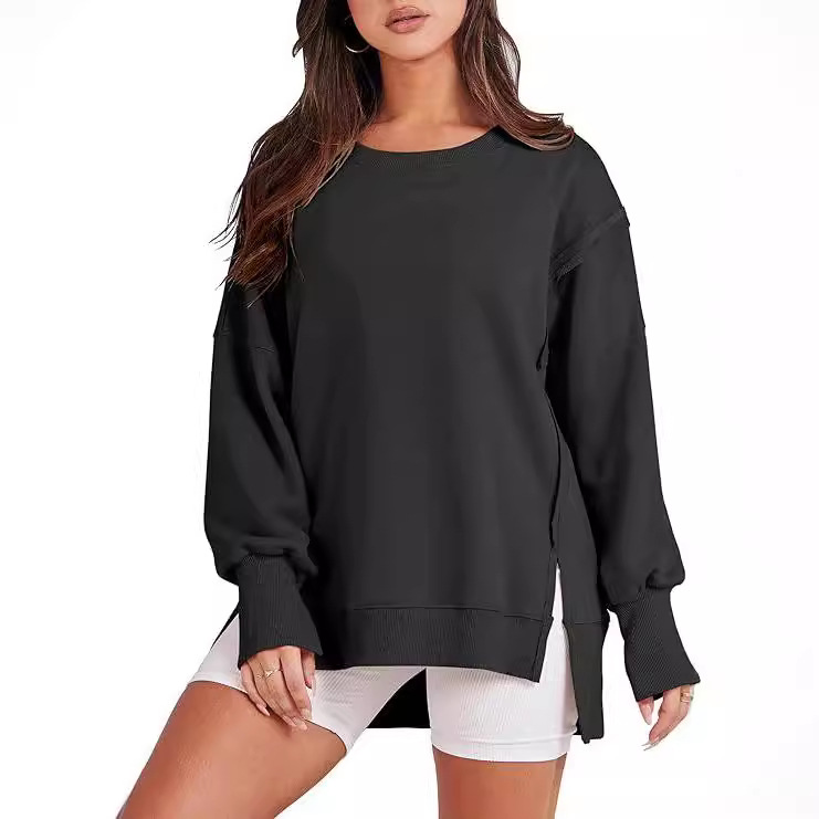 Amazon 2024 foreign trade Europe and the United States new round neck long sleeve top women's burr split stitching sweater cross-border women's clothing