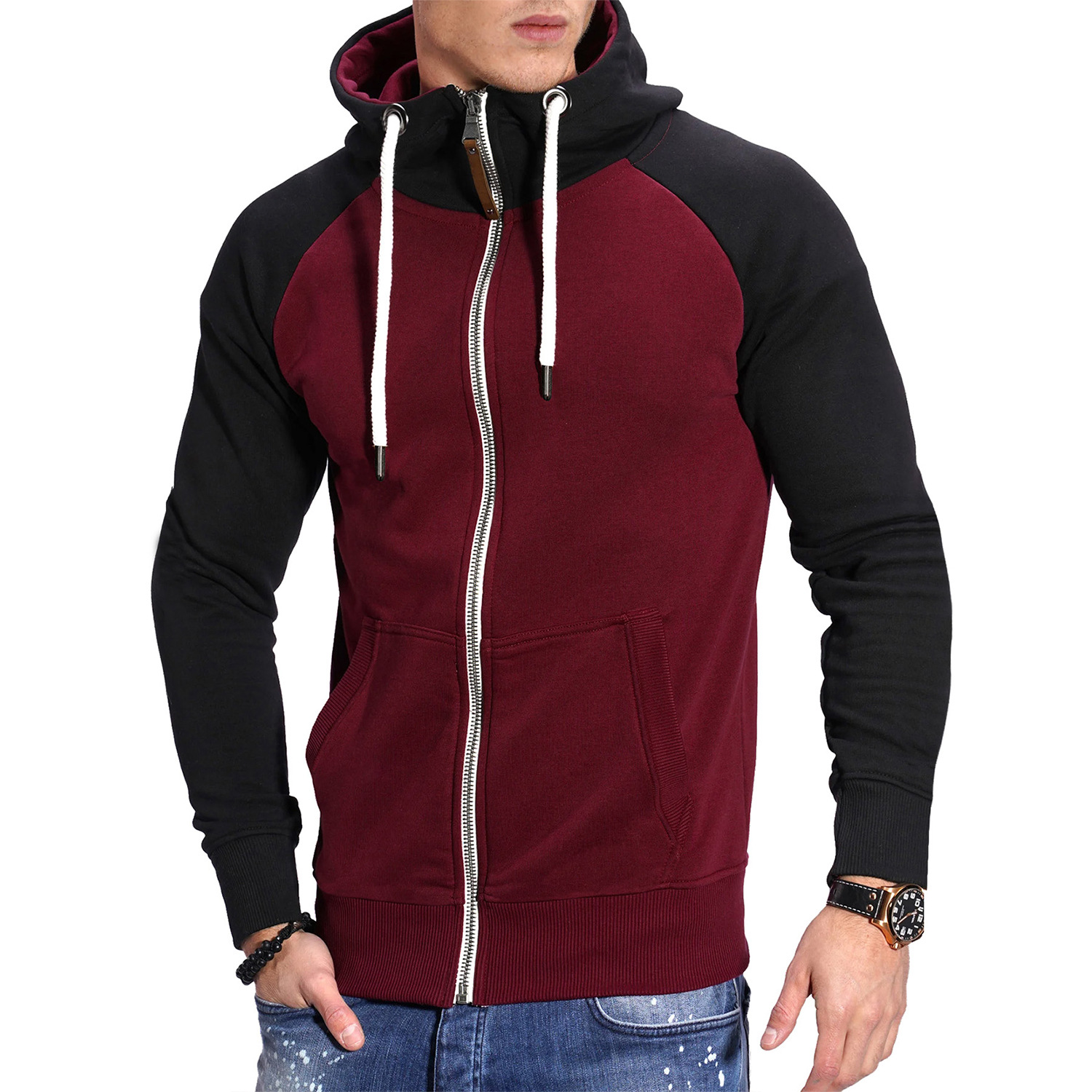 Foreign Trade European Size Men's Color Splicing Fitness Sports Men's Sweater Casual Fashion Contrast Raglan Sleeve Cardigan Top