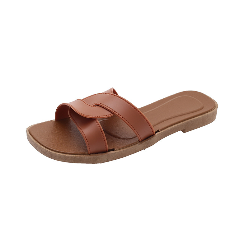 Fashionable Women's Summer Cross-strap Flat Sandals Soft-soled Outer Wear One-strap Simple Beach Slippers