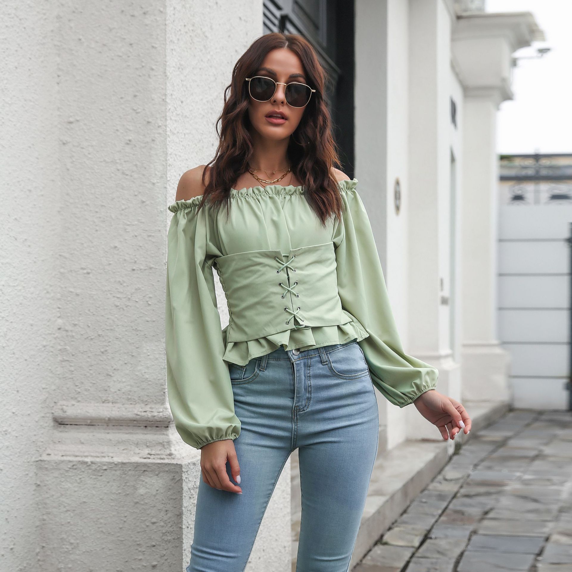 Independent Station Explosions Front Strap Lantern Sleeve Off-line Collar Waist Tunic Short Top Women's Long Sleeve Chiffon Shirt New