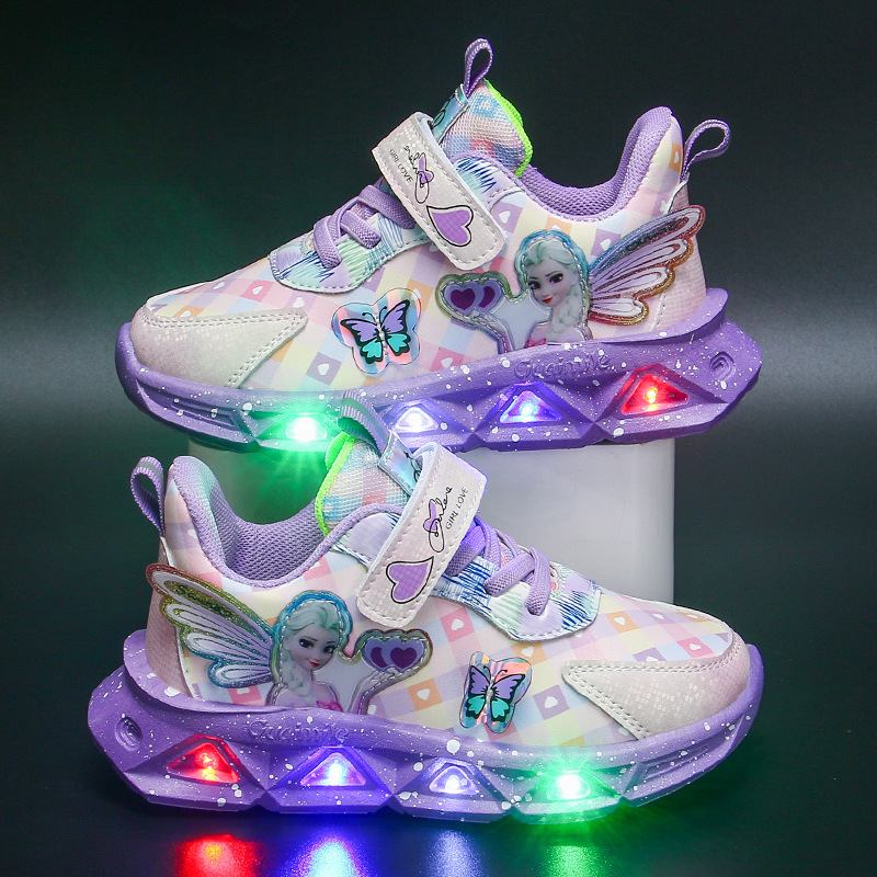 Girls' Shoes with Light 2023 Autumn and Winter New Leather Warm Lightweight Children's Sneakers Small, Medium and Large Children's Princess Shoes