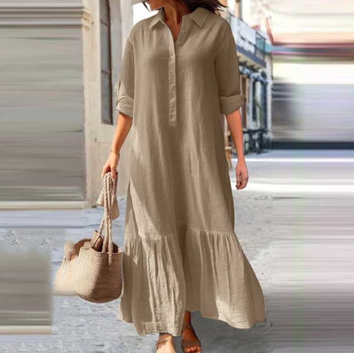 2023 foreign trade European and American new cotton and linen long irregular dress shirt collar twisted buckle casual dress