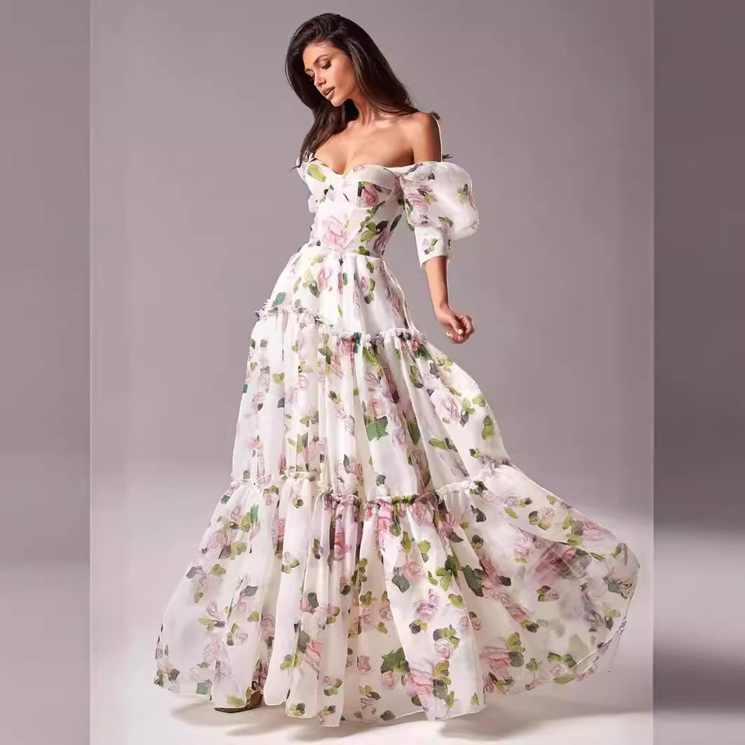 Europe and the United States cross-border new off-shoulder European and American women's fashion organza fairy long temperament evening dress dress
