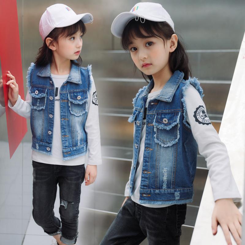 Wholesale Spring and Autumn New Korean Style Girls' Vest Outerwear Solid Color Fringe Denim Vest Children's Short Sleeve Cardigan