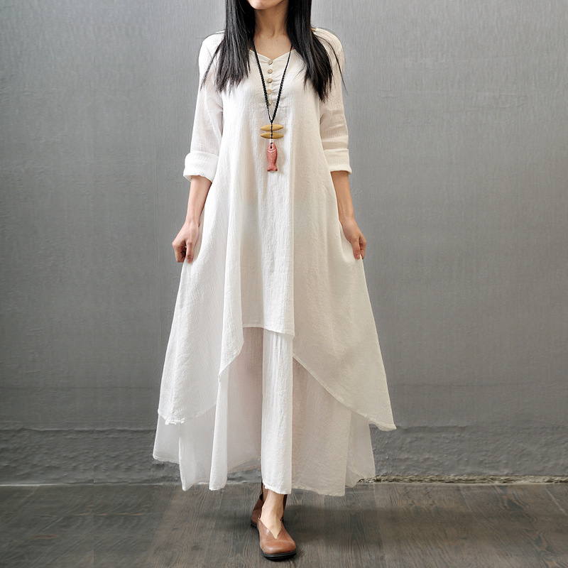 2023 New High Quality Fake Two-piece Long Dress Artistic Large Swing Linen Dress Loose Long Sleeve Cotton Linen