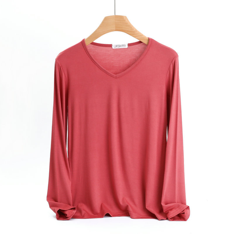 Modal V-neck bottoming shirt women's spring and autumn thin solid color inner long sleeve T-shirt thin plus size all-match foreign style top