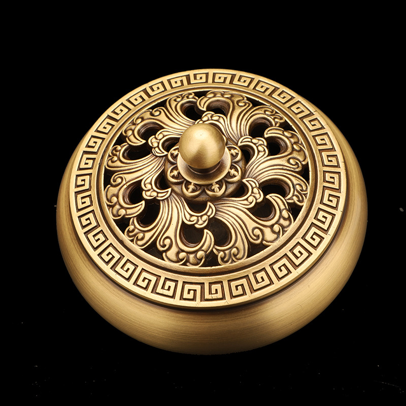 Copper incense burner wholesale brass flat bottom incense burner plate incense burner household three-legged golden lotus bronze incense burner with lid