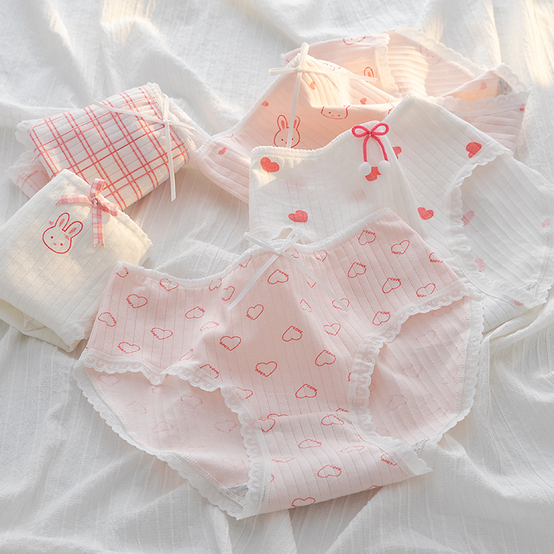Japanese Girl's Soft Girl's Underwear Love Cute Rabbit Printed Underwear Women's Pure Cotton Crotch Mid-Waist Hip Girls' Briefs