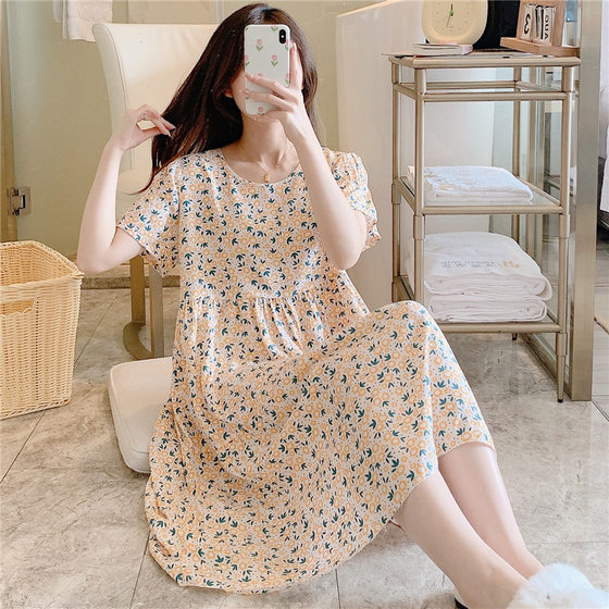 Cotton Silk Nightgown Women's Summer Plus Size Foreign Trade Printed Pajamas Thin High-end Loose Cotton Outer Wearing Skirt
