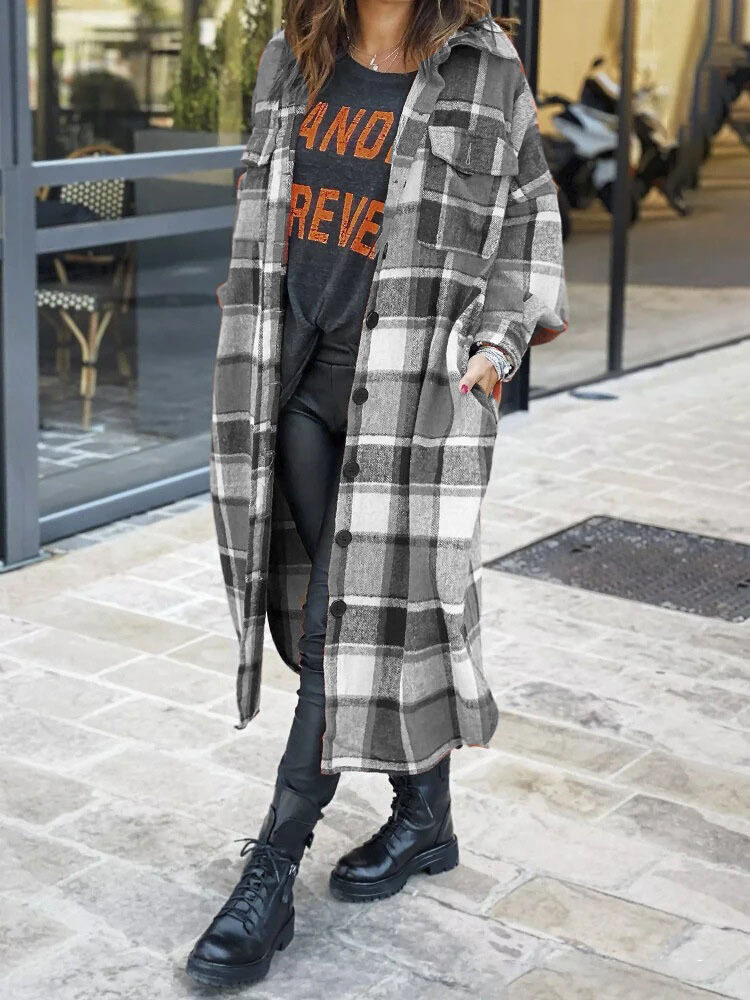 [Spot] Cross-border European and American Long Windbreaker Lapel Side Split Women's Woolen Plaid Coat Women's Coat