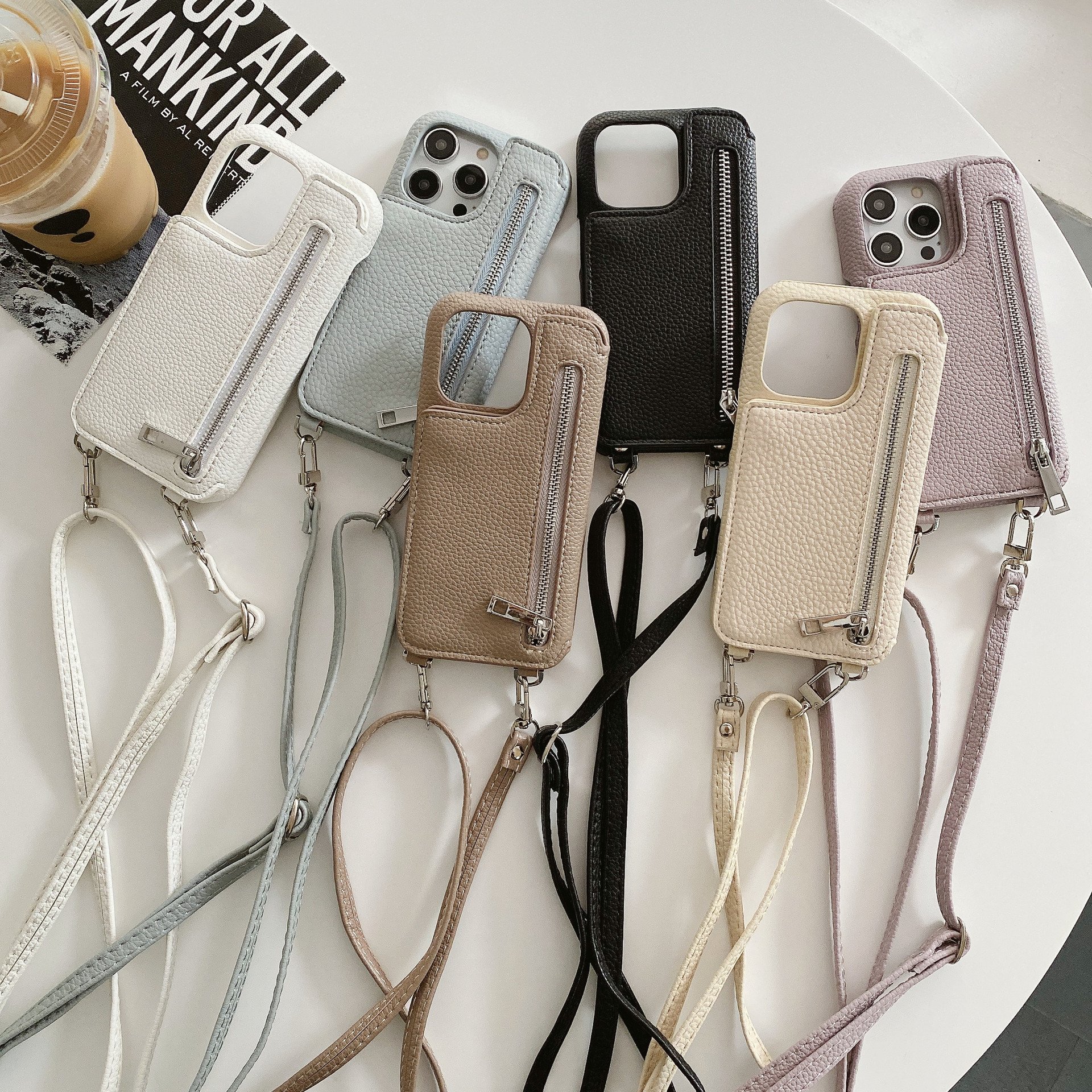 適用於iPhone15手機殼i蘋果14pro荔枝紋插卡美妝鏡子斜跨手機殼女