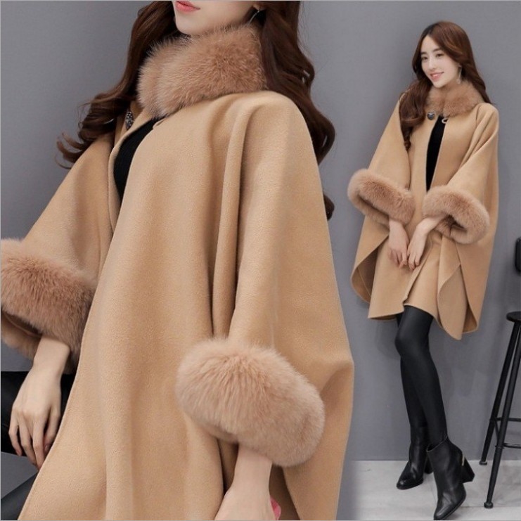 Autumn and Winter large rabbit fur collar mid-length woolen overcoat elegant Cape shawl Hepburn style woolen plus size overcoat for women_voghion.com