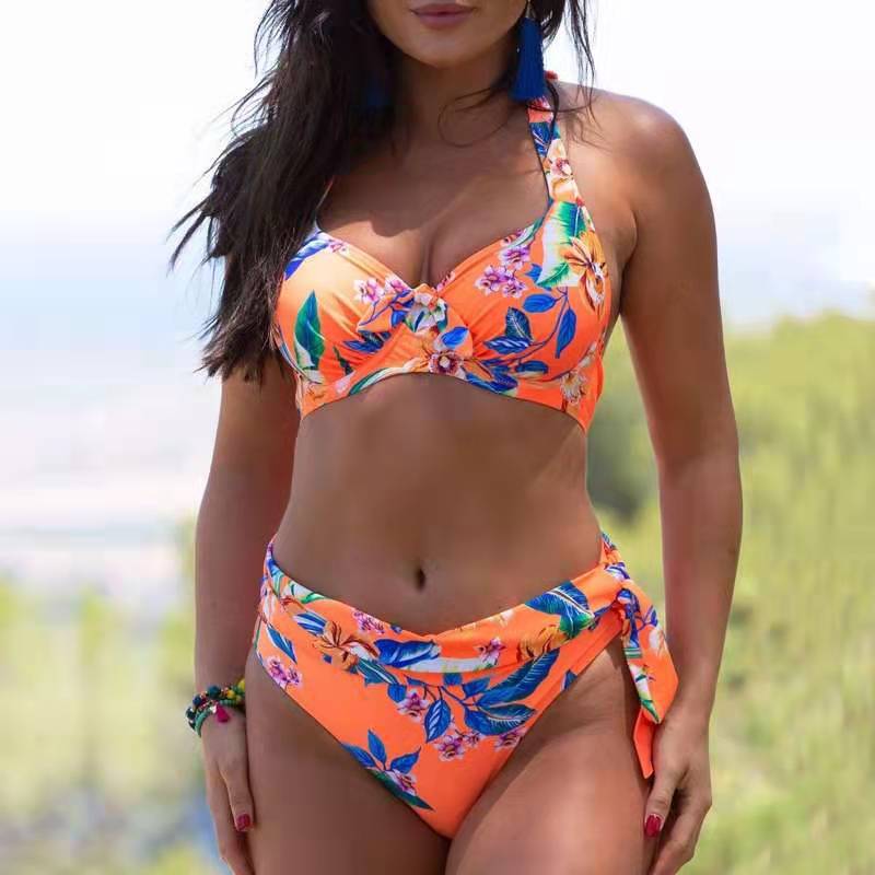 2021 New Arrival Swimsuit Women's Printed Split bikini Steel bikini Hanging Neck Strap High Waist Women's Swimsuit