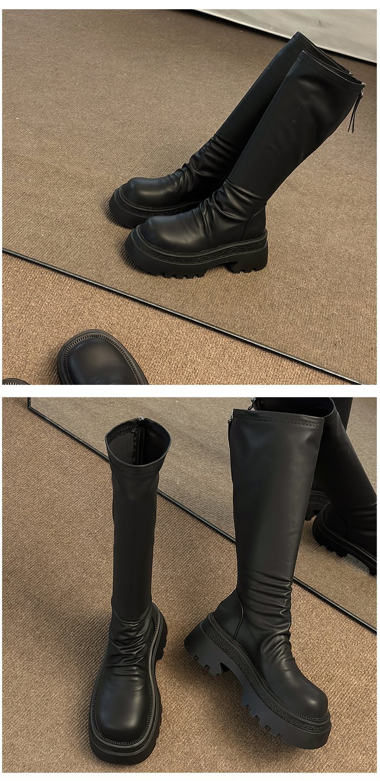 Moteriški storapadiai platforminiai aulinukai iki kelių 2023 m. rudens ir žiemos madingi klostuoti aulinukai iki kelių, ploni, elastingi aulinukai_voghion.com