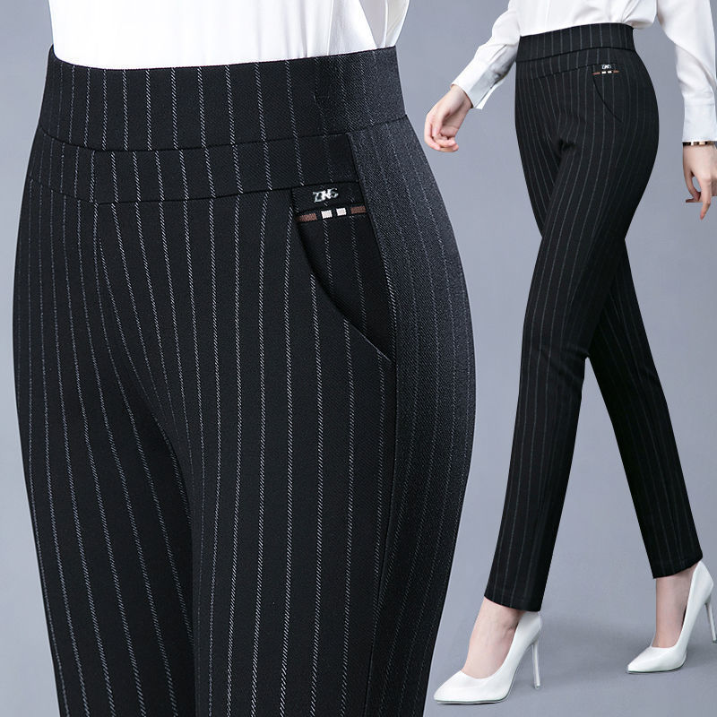 Middle-aged Women's Pants Elastic High Waist Leggings Stretch Slim Look All-match Mom Pants Casual Pants Striped