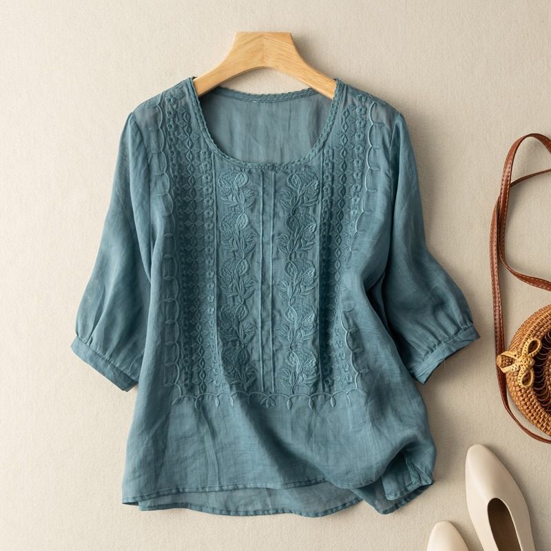 Summer Thin Embroidered Top Women's Artistic Retro Breathable Cotton and Linen Short-sleeved T-shirt Round Collar