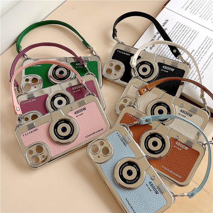 3D Retro Camera Case Suitable for iPhone 15 Pro Max Apple 14, Electroplated 13 Leather Strap, 12 Soft Case for Women