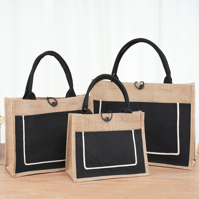 In stock wholesale jute bag canvas pocket linen bag Muji hemp bag DIY Internet celebrity linen bag with Button