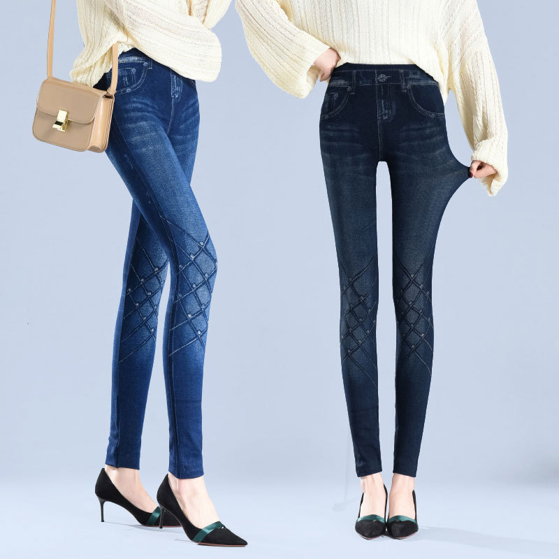 Autumn and Winter Outer Wear Leggings Women's fleece-lined Thick Imitation Denim Skinny Pants Middle-aged and Old Mother's Big Elastic Tight Pants