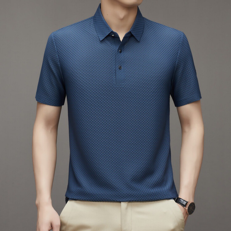2023 Summer New Ice Silk Polo Shirt Men's Slim-fit Fashion Casual Breathable Thin Business Solid Color Short-sleeved Men's Trendy