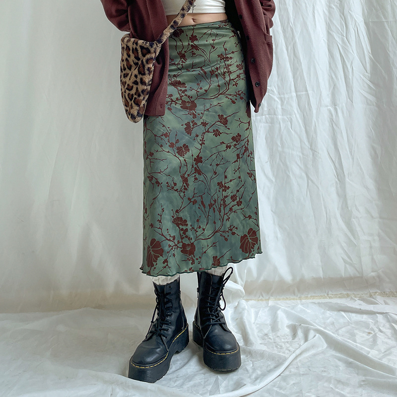 New Chinese Printed Retro Style Skirt 2022 Autumn New Mori Style Fresh Low Waist Contrast Color A- line Mid-length Dress