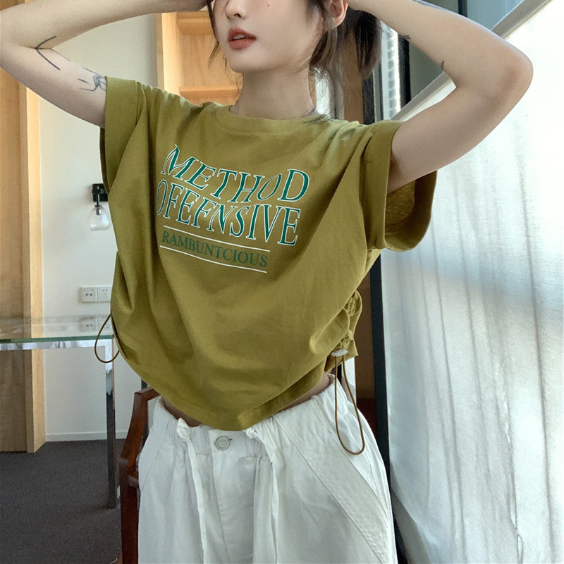 Design Sense Short-sleeved T-shirt Women's Summer Irregular Niche New Korean Style Chic Drawstring Loose Short Top ins