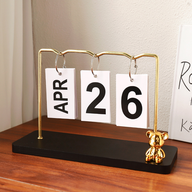 Creative simple cute bear metal calendar decoration living room entrance desktop decoration flip small desk calendar decoration