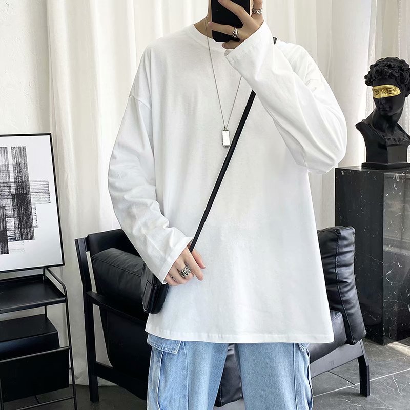 Autumn Long-sleeved T-shirt Men's Loose All-match Hong Kong Style Trendy Brand Trendy Solid Color Base Shirt Top Blank Advertising Shirt T-shirt