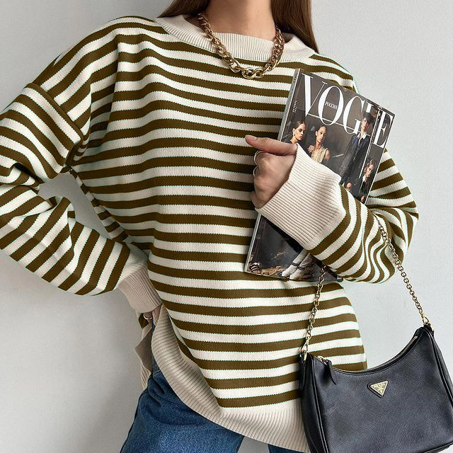 Cross-border Sweater Women's European and American Casual Stripe Contrast Color Loose Long-sleeved Crewneck Sweater Pullover Woolen Top Autumn and Winter