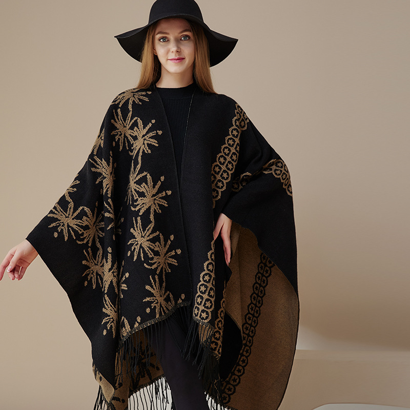 Eșarfă unisex la modă, tricotată din lână, cu două fețe, șal, pelerină, palton, șal cald cu ciucuri_voghion.com