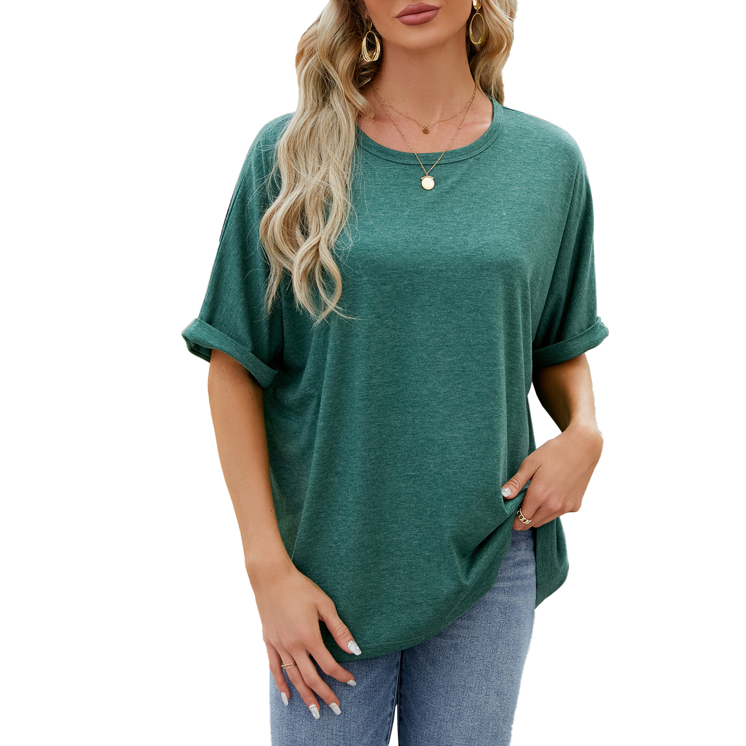 Amazon European and American cross-border foreign trade 2024 spring and summer new solid color round neck loose short sleeve T-shirt top for women in stock