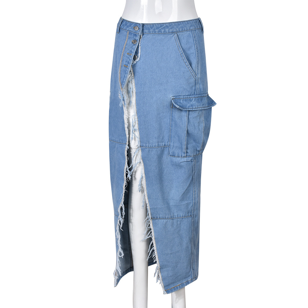 9150DD Nazada Foreign Trade Women's Clothing New Fashion Personalized Denim Washing Water Pocket Slit Tassel Skirt Women