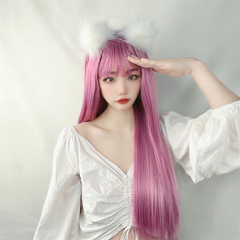 Color wig women's Japanese and Korean air bangs long straight hair chemical fiber dyeing fake hair fast hand net red live with goods products