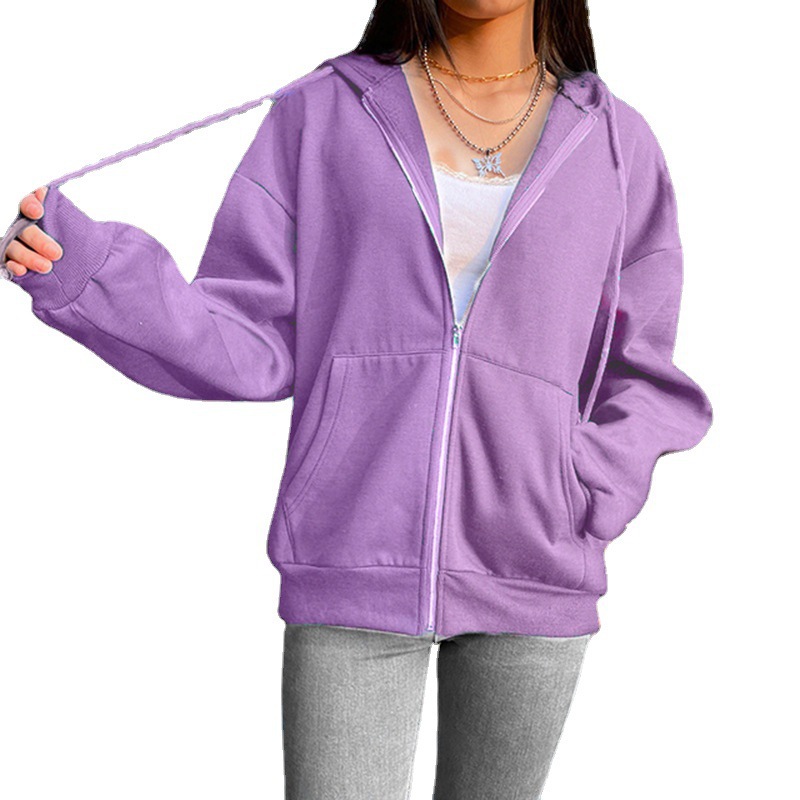 Foreign trade sweatshirt solid color hooded fleece sweatshirt long-sleeved hoodie jacket street loose zipper cardigan top