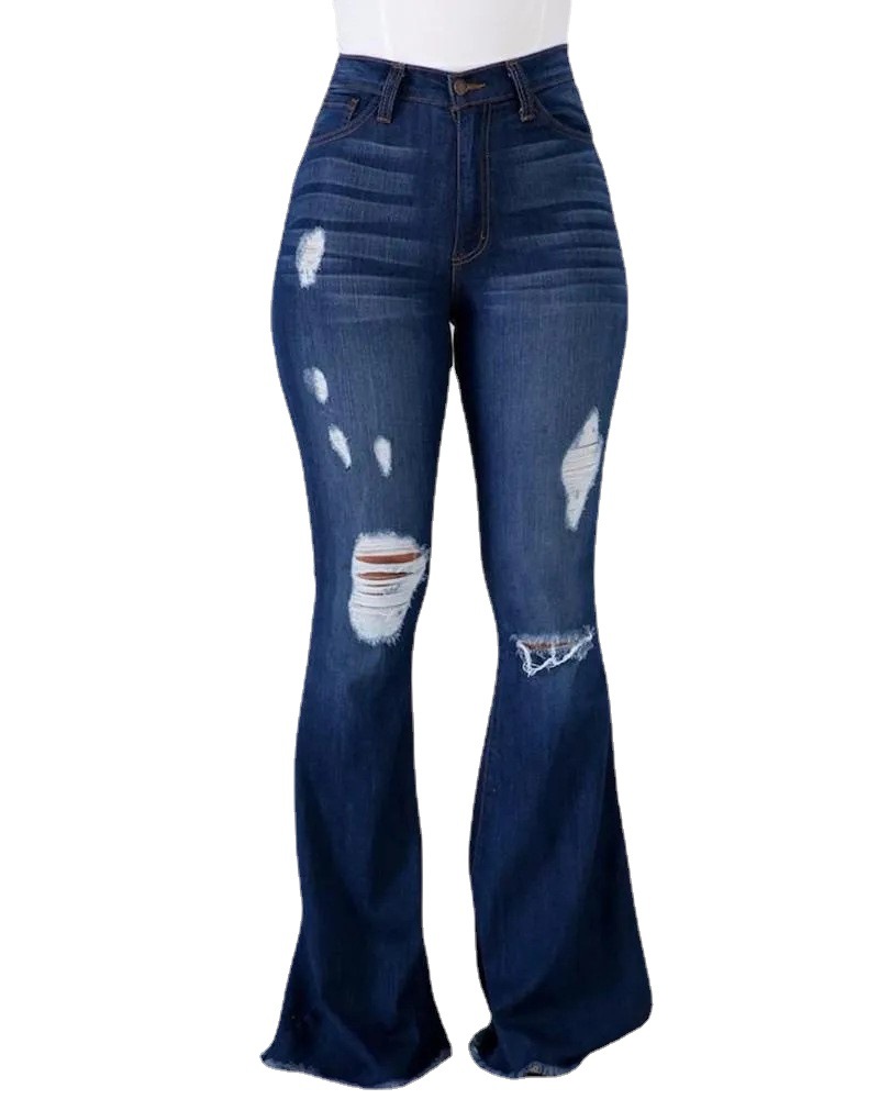 Cross-border foreign trade supply Amazon European and American Internet celebrity high elastic ripped jeans high waist flared trousers factory direct sales