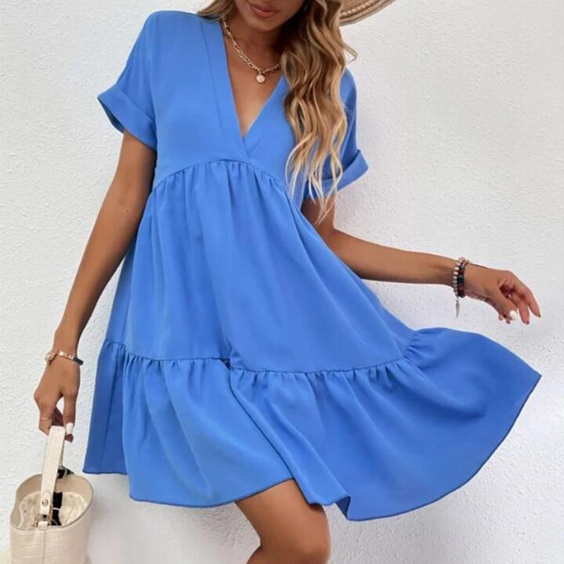 2023 European and American summer new women's clothing fresh sweet V-neck solid color large swing casual short skirt dress