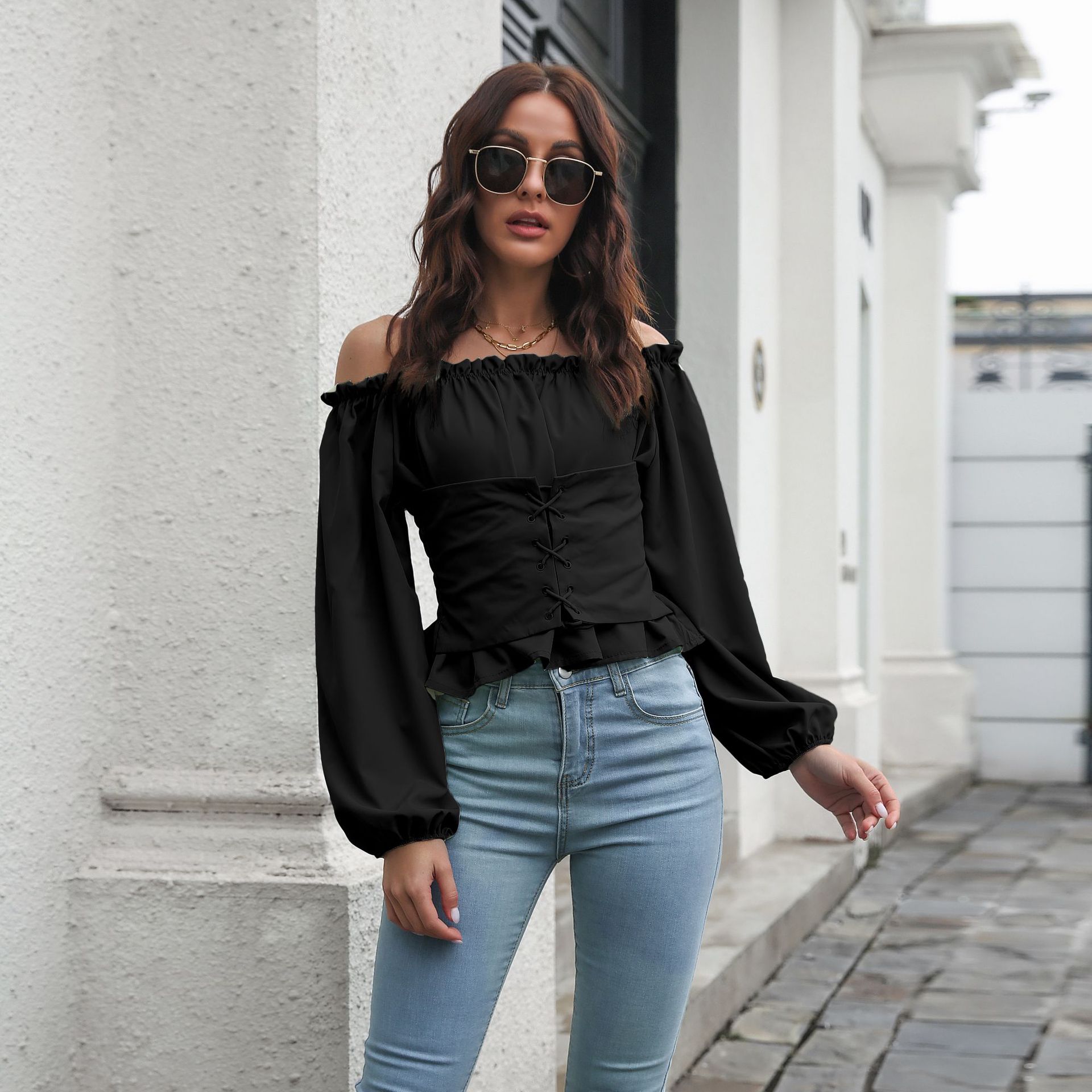 Independent Station Explosions Front Strap Lantern Sleeve Off-line Collar Waist Tunic Short Top Women's Long Sleeve Chiffon Shirt New