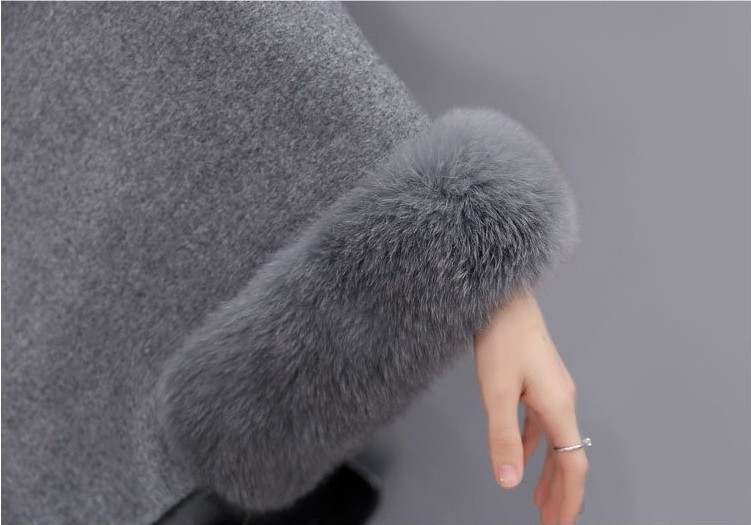 Autumn and Winter large rabbit fur collar mid-length woolen overcoat elegant Cape shawl Hepburn style woolen plus size overcoat for women_voghion.com