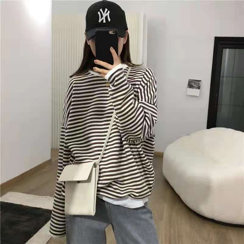 Striped Sweatshirt Women's Spring and Autumn Thin Korean-style Loose Cotton chic Top oversize Lazy Casual Coat