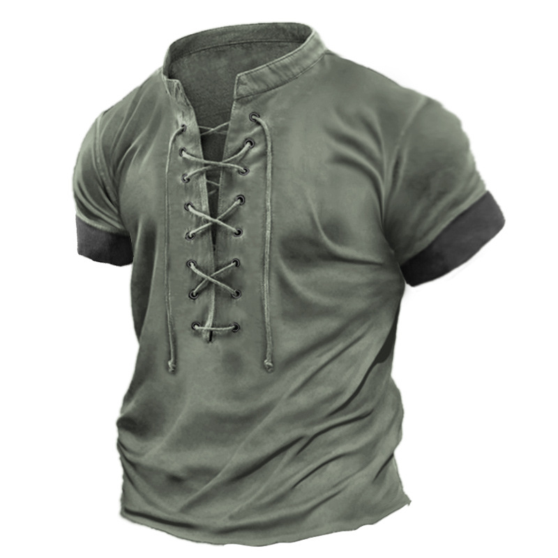 Men's Cross-border Large Size Retro Lace-up Casual Color Matching Short-sleeved T-shirt