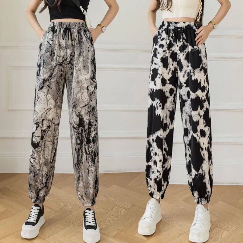 Ink Painting Tie-Dye Pants Women's Summer Thin High Waist Draping Straight Leg Pants Casual Pants Ice Silk Wide Leg Pants