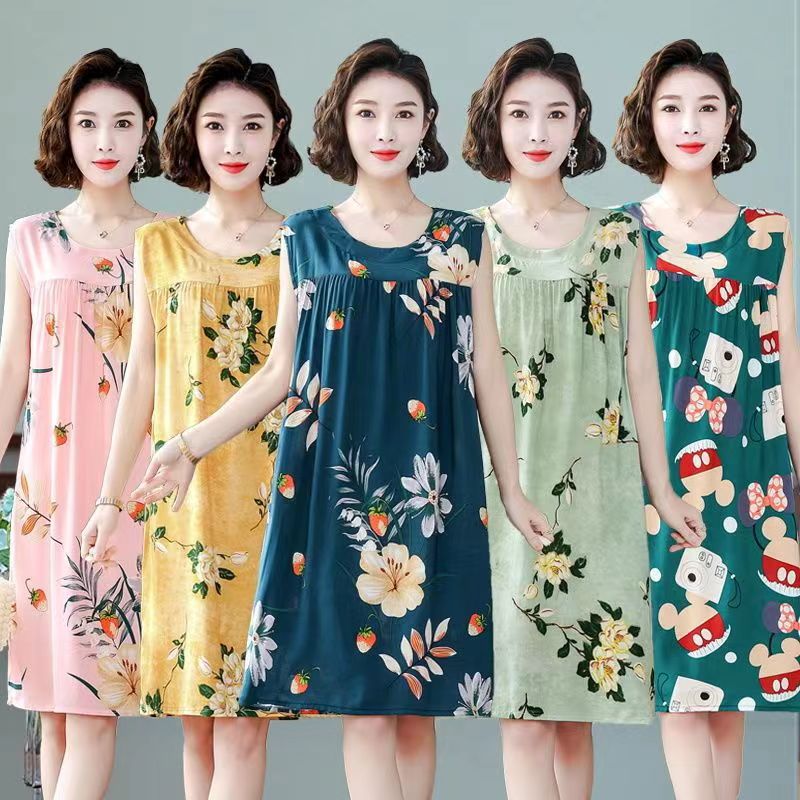 2023 New Women's Cotton Print Dress Short-sleeved Summer Thin Household Outer-wearable Casual Nightdress
