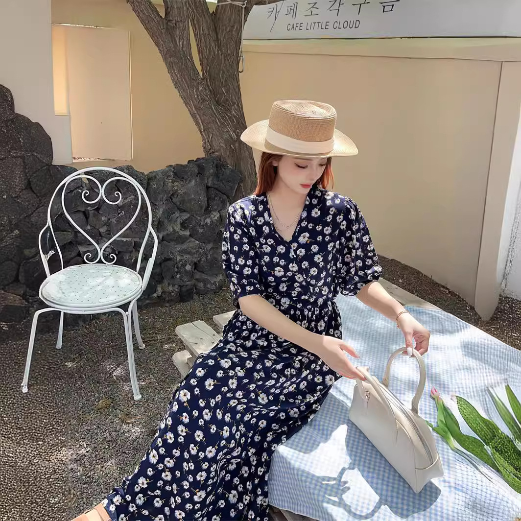Cotton Silk Floral dress 2024 New Summer High-end plus size chubby girl Skirt Tight Waist Slimming French Long Dress