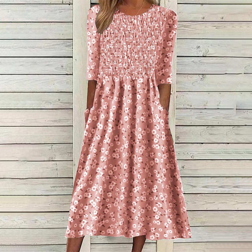 Cross-border Women's Clothing Amazon European and American Elegant Waist Printed Short-sleeved Dress 2023 Summer New Holiday Women