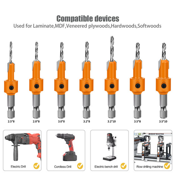 Hexagonal handle woodworking drill countersunk head drill hidden screw hole double blade punching countersunk hole drill high speed steel woodworking drill