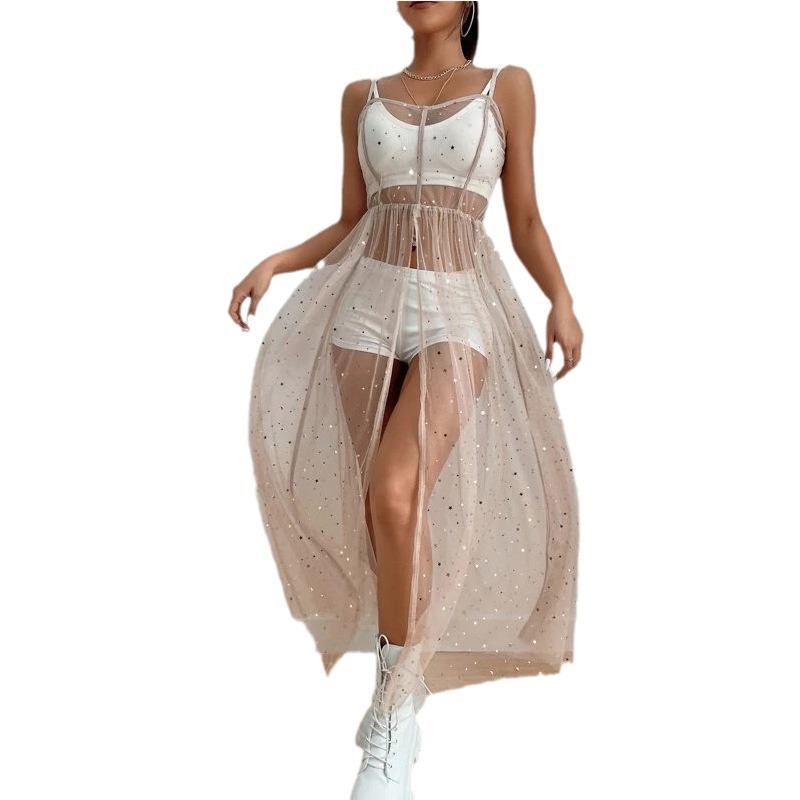 ins Style Street Strap Mesh Bikini Blouse Dress Star Perspective Mesh Sexy Slim Dress