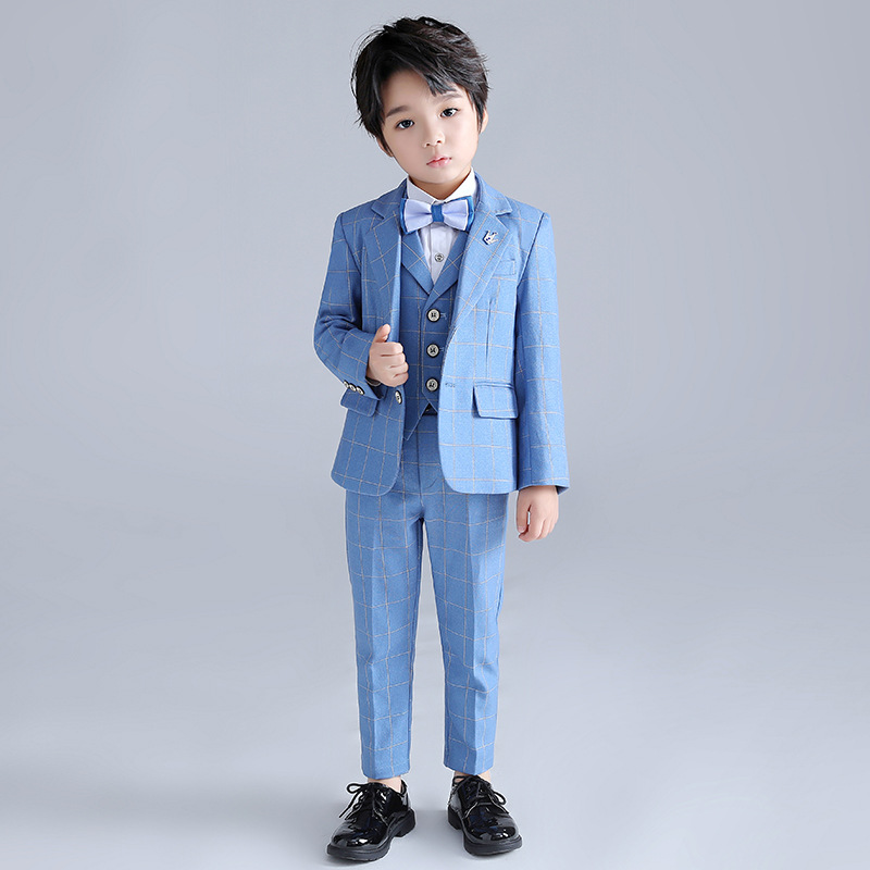 Children's Small Suit Set Autumn and Winter New Boys Handsome Suit Light Color Plaid Baby One-year-old Flower Girl Dress