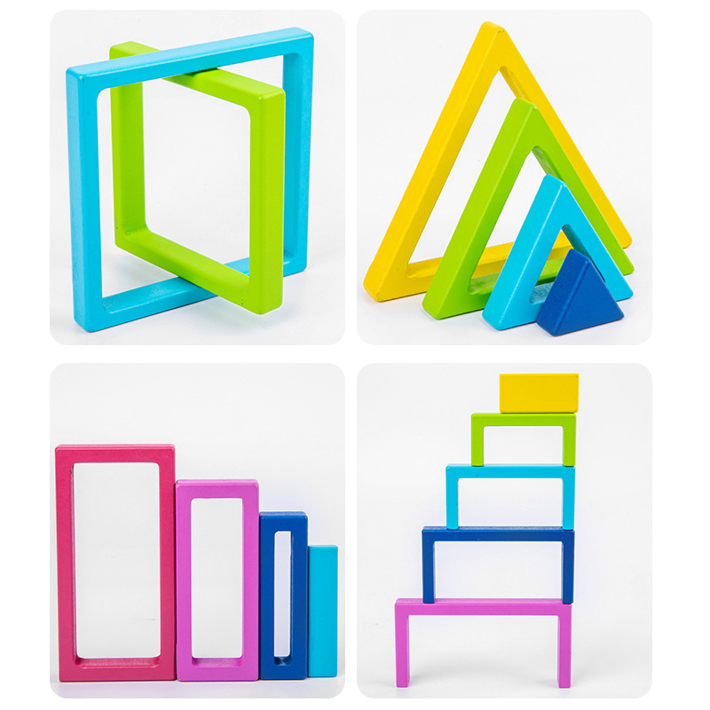 Cross-border New Wooden Box Frame Rainbow Matching Building Blocks Foreign Trade Geometric Stacked Tower Size Wooden Toddler Toddler Toy