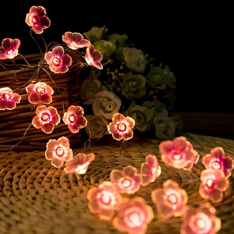 Amazon Cross-border Pink Cherry Blossom Light String Simulation Cherry Blossom Plum Blossom Shape Decoration String Lamp Battery Box Copper Wire Lamp